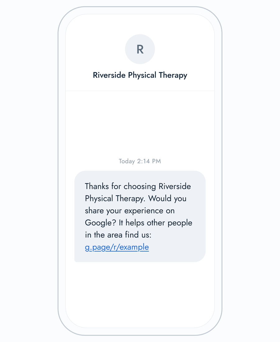 A text message from a clinic thanking the patient for choosing them and asking them to share their experience on Google, with a direct review link.